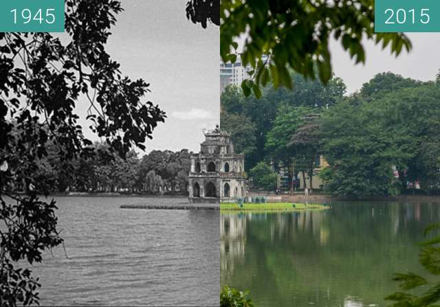 Before-and-after picture of Tháp Rùa (Turtle Tower) between 1945 and 2015-Dec-11