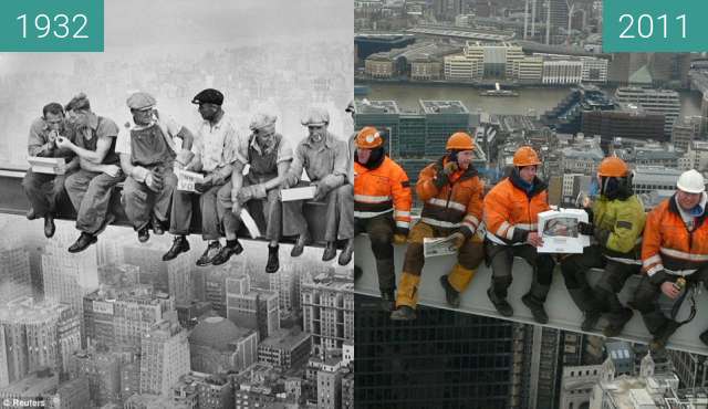 Before-and-after picture of Lunch atop a Skyscraper between 1932-Sep-20 and 2011