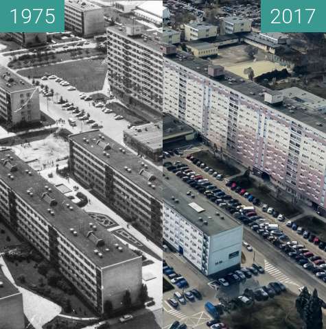 Before-and-after picture of Osiedle Piastowskie between 1975 and 2017