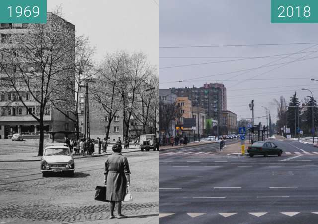 Before-and-after picture of Ulica Dąbrowskiego przy ulicy Żeromskiego between 1969 and 2018-Jan-21