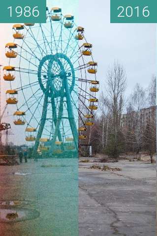 Image avant-après de Pripyat, Rajon Tschornobyl, Ukraine entre 1986 et 2016