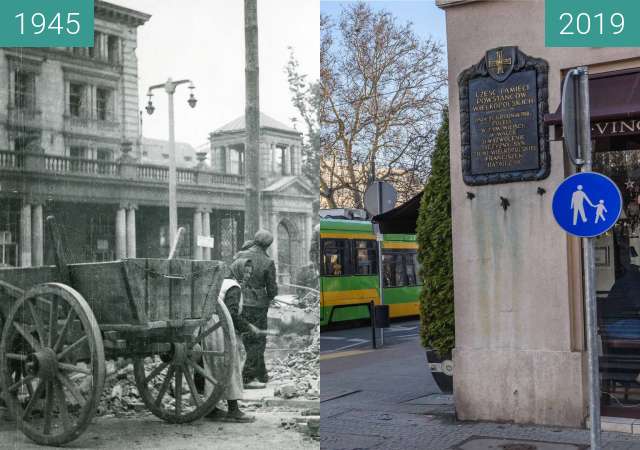 Before-and-after picture of Skrzyżowanie ulicy Ratajczaka i placu Wolności between 1945 and 2019-Feb-16