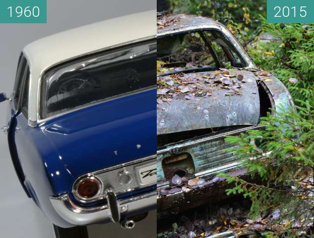 Vorher-Nachher-Bild von Verfall... Hier verrottet ein Ford Taunus 17 M zwischen 1960 und 2015