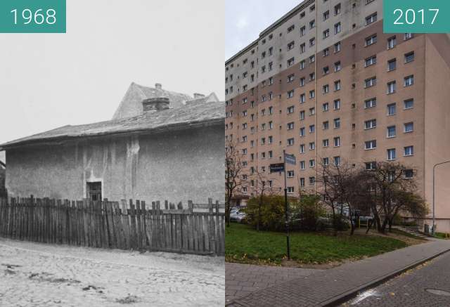 Before-and-after picture of Ulica Kosynierska przy Kuźniczej between 1968 and 2017