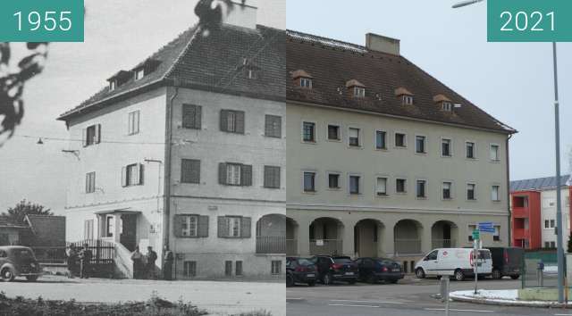 Before-and-after picture of Nickelsdorf Zollhaus between 1955-Jan-16 and 2021-Jan-16