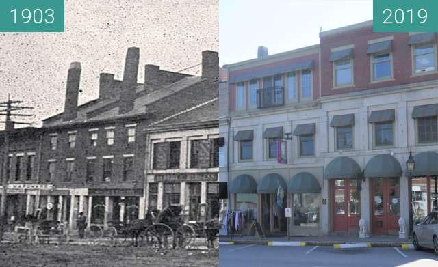 Before-and-after picture of Downtown Belfast, Maine; Main Street between 1903 and 2019-Aug-20