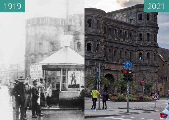 Before-and-after picture of Trier between 1919-Apr-16 and 2021-Aug-09