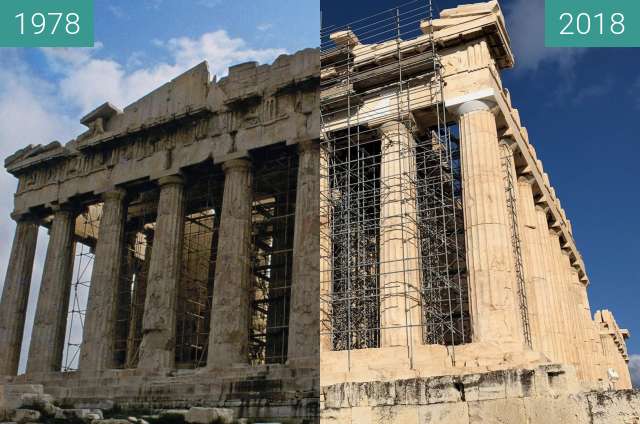 Before-and-after picture of Front view of the Parthenon of the Acropolis between 1978-Apr-01 and 2018-Oct-28