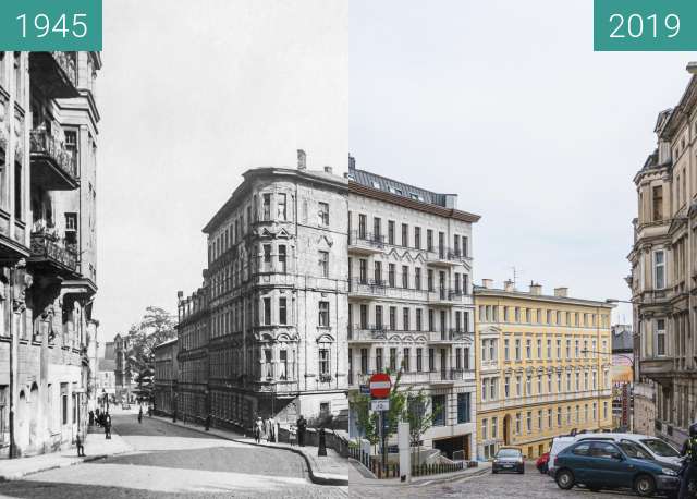 Vorher-Nachher-Bild von Ulice Krysiewicza/Ogrodowa, kamienica "Żelazko" zwischen 1945 und 2019