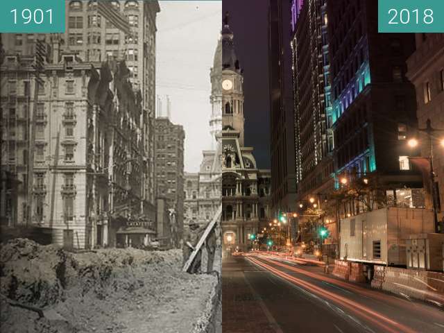 Before-and-after picture of Philadelphia City Hall between 1901-Oct-23 and 2018-Aug-13