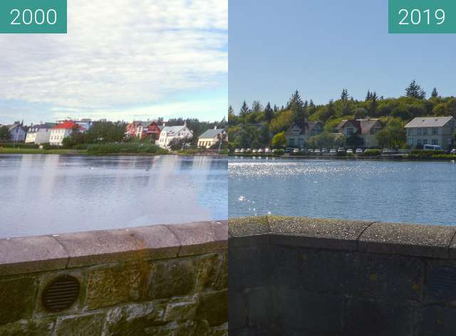 Before-and-after picture of Reykjavíkurtjörn between 2000-Aug-01 and 2019-May-23