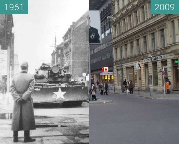 Before-and-after picture of Checkpoint Charlie 1961/ 2009 between 1961 and 2009