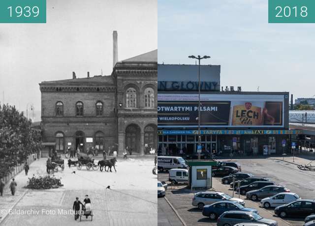 Vorher-Nachher-Bild von Dworzec Poznań Glówny zwischen 1939 und 2018