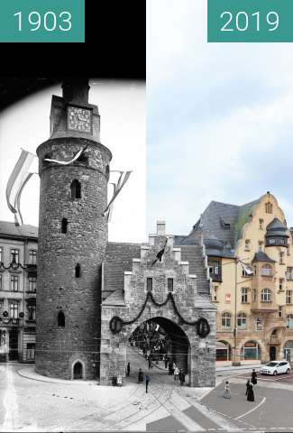 Vorher-Nachher-Bild von Leipziger Turm mit Galgtor zwischen 06.09.1903 und 2019