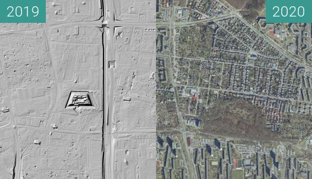 Before-and-after picture of Poznań - Forty V, Va (LIDAR) between 2019 and 2020