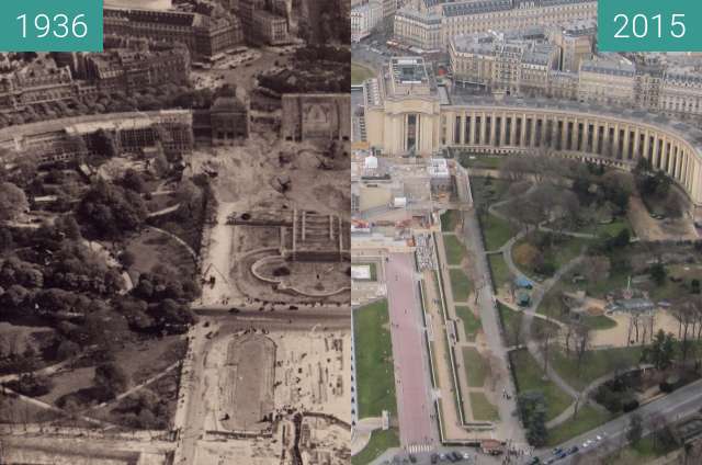 Before-and-after picture of Palais de Chaillot between 1936 and 2015-Feb-22