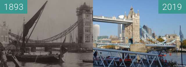 Before-and-after picture of Tower Bridge during construction between 1893 and 2019-Nov-10