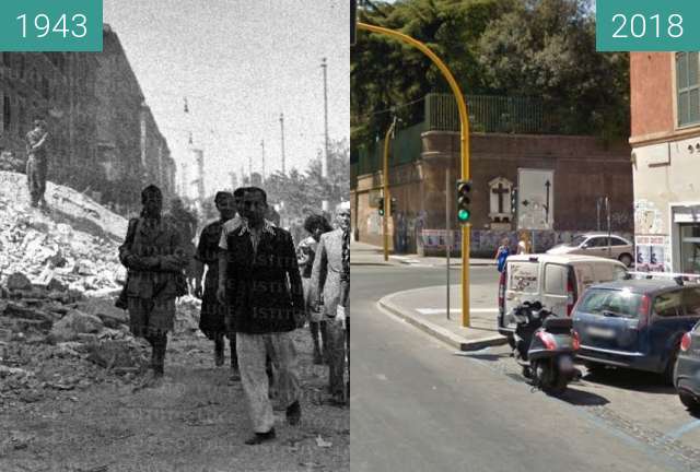 Before-and-after picture of San Lorenzo, Rome after the bombing in 1943 between 1943-Jul-20 and 2018-Jul-19