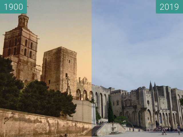 Image avant-après de Palais des Papes entre 1900 et 12 août 2019