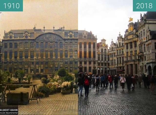 Before-and-after picture of Grand-Place/Grote Markt between 1910 and 2018-Mar-31