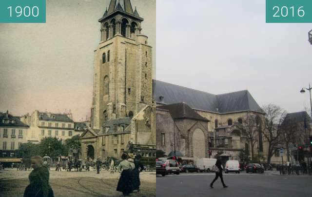 Before-and-after picture of St. Germain-des-Près between 1900 and 2016-Jan-19