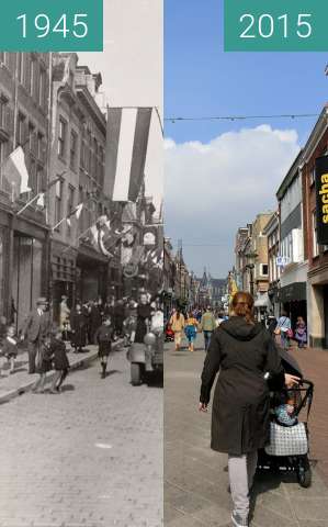 Before-and-after picture of Langestraat after liberation between 05/1945 and 2015