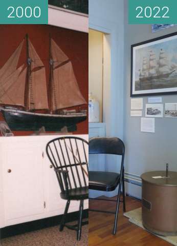 Before-and-after picture of Maritime Room exhibit at the Belfast, Maine museum between 2000 and 2022