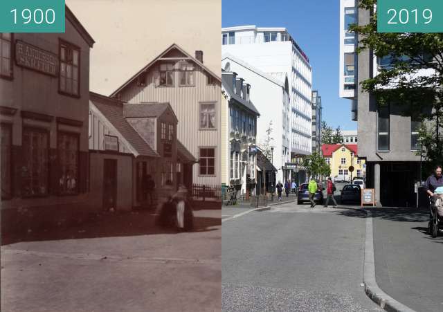 Vorher-Nachher-Bild von Aðalstræti zwischen 1900 und 28.05.2019