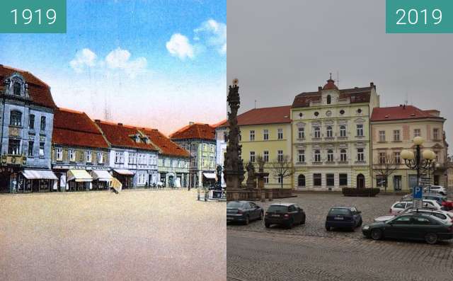 Before-and-after picture of Duchcov náměstí between 1919 and 2019-Nov-21