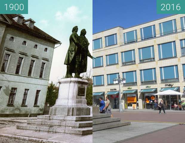 Before-and-after picture of Goethe-Schiller-Denkmal between 1900 and 2016-Aug-18