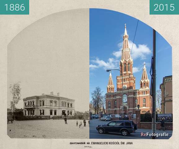 Before-and-after picture of St. John's evangelical church between 1886 and 2015