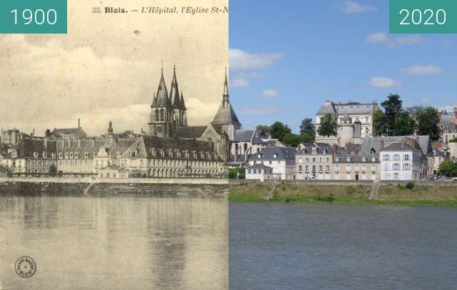 Before-and-after picture of Blois from the Loire between 1900 and 06/2020