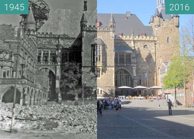 Before-and-after picture of Aachen Rathaus between 1945 and 2016-Sep-10