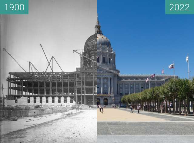 Before-and-after picture of City Hall between 06/1914 and 08/2022