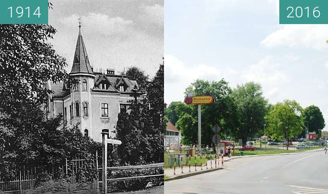 Before-and-after picture of Ecke Gurkauer Chaussee und Mozartstrasse between 1914 and 2016