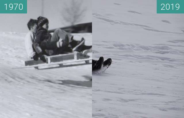 Before-and-after picture of Sledding at YBGR between 1970 and 2019