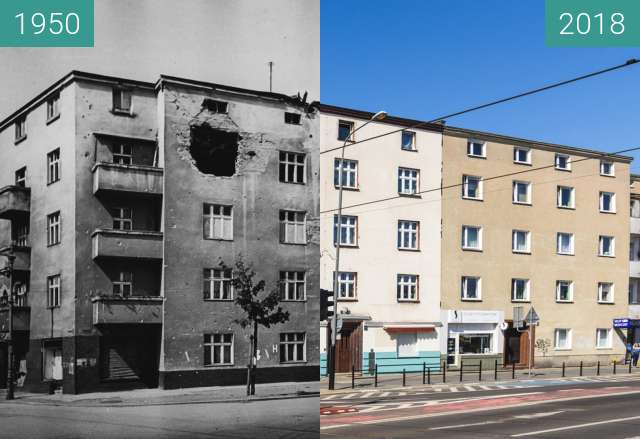 Before-and-after picture of Ulica Krakowska between 1950 and 2018