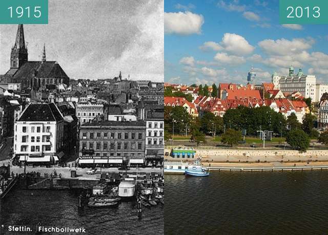 Before-and-after picture of Nabrzeże/Bollwerk between 1915 and 2013