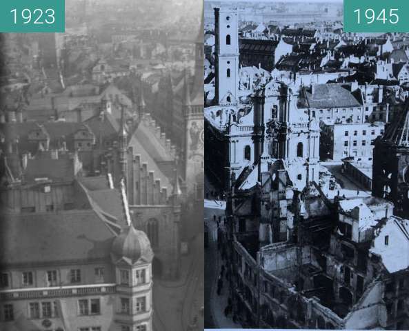 Before-and-after picture of Allierte Bombenschäden in München between 1923 and 11/1945