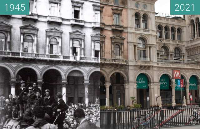 Before-and-after picture of Mailand, Piazza del Duomo between 1945-Apr-28 and 2021-Aug-22