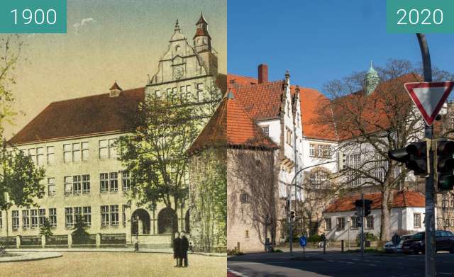 Before-and-after picture of Rathsgymnasium between 1900 and 03/2020