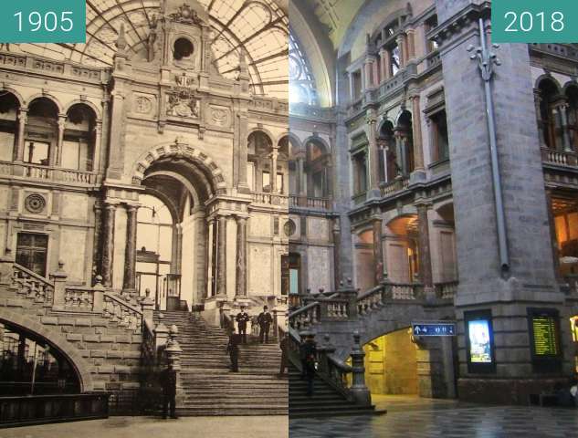 Before-and-after picture of Antwerpen railway station between 1905 and 2018-Apr-02