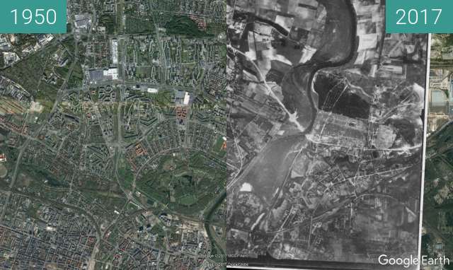 Before-and-after picture of Fort Winiary, aerial view between 1950 and 2017