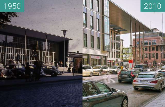 Vorher-Nachher-Bild von Aschaffenburg - Hauptbahnhof mit Hauptpostamt zwischen 1950 und 2010