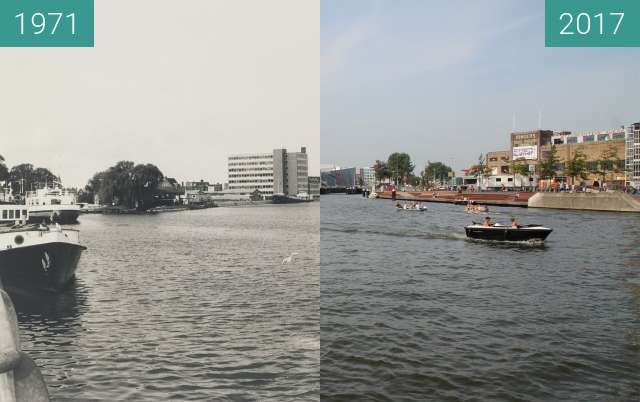 Before-and-after picture of Noorderkade and canal between 1971-Oct-08 and 2017-Aug-29