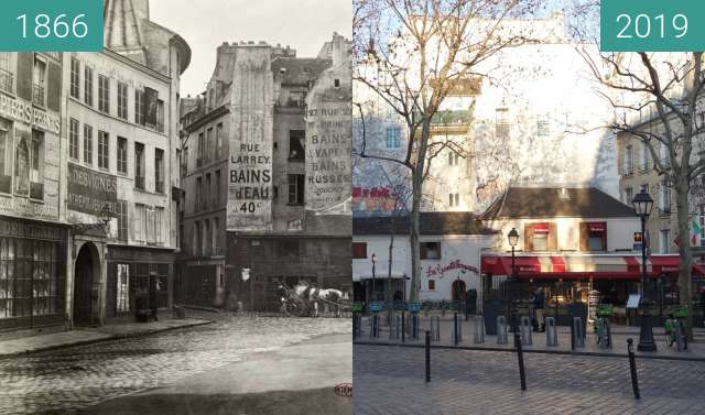 Before-and-after picture of Place St.-André-des-Arts between 1866 and 2019-Feb-16