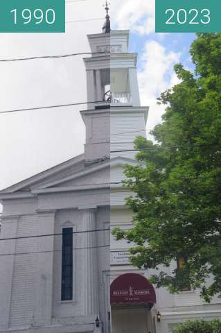 Before-and-after picture of Former Universalist Church, Belfast, Maine between 1990 and 2023-Aug-11