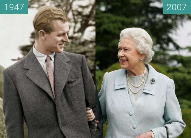 Vorher-Nachher-Bild von Königin Elizabeth II. und Prinz Philip zwischen 11.1947 und 11.2007