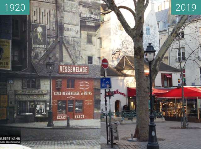 Before-and-after picture of Place St.-André-des-Arts between 10/1920 and 2019-Feb-16