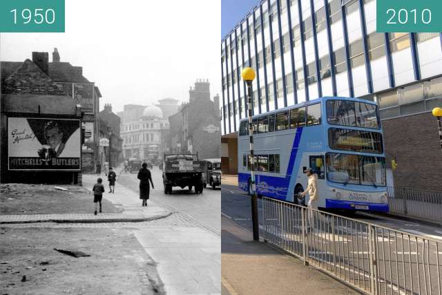 Before-and-after picture of Cox Street, Coventry between 1950 and 2010